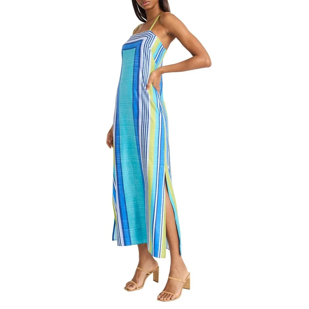 Donna Morgan Lime Blue Striped Maxi Dress Spaghetti Strap Side Slit Size 16 NEW - Picture 3 of 16